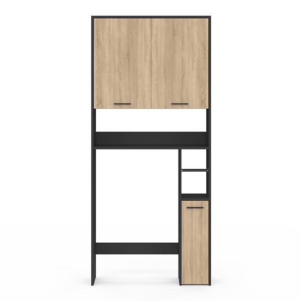 ID MARKET - Meuble étagère dessus WC WALLIS noir et bois façon hêtre - large