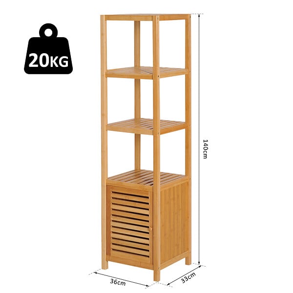 HOMCOM - Meuble colonne rangement salle de bain bambou design naturel 36L x 33l x 140H cm 2 étagères 4 niveaux + placard - large