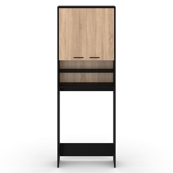 ID MARKET - Meuble étagères de rangement dessus machine à laver et WC WALLIS noir et bois façon hêtre - large