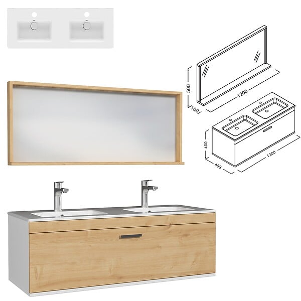SANIVERRE - Meuble Double Vasque Encastrée 120 Cm + Miroir Cadre 1 Tiroir Chêne Clair Salle De Bain - Rubite - large