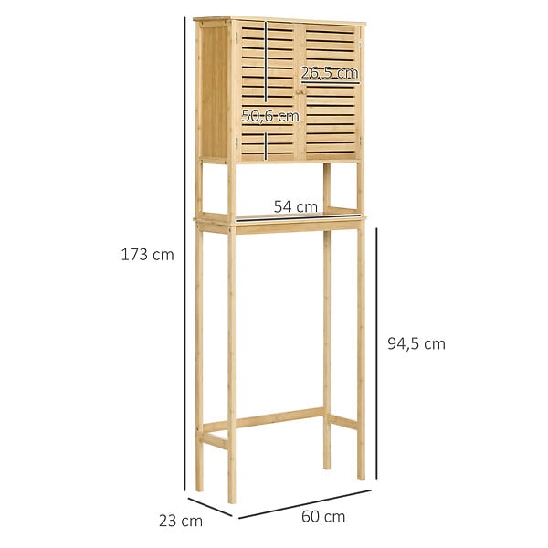 KLEANKIN - Meuble WC meuble dessus toilettes style cosy dim. 60L x 23l x 173H cm portes à lattes étagère bambou MDF aspect bois clair - large