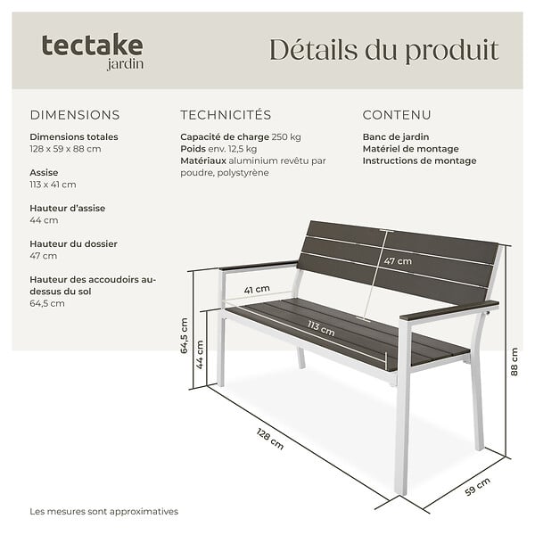TECTAKE - Banc de jardin Line 2 places avec structure en aluminium 128 x 59 x 88 cm gris clair/blanc - large