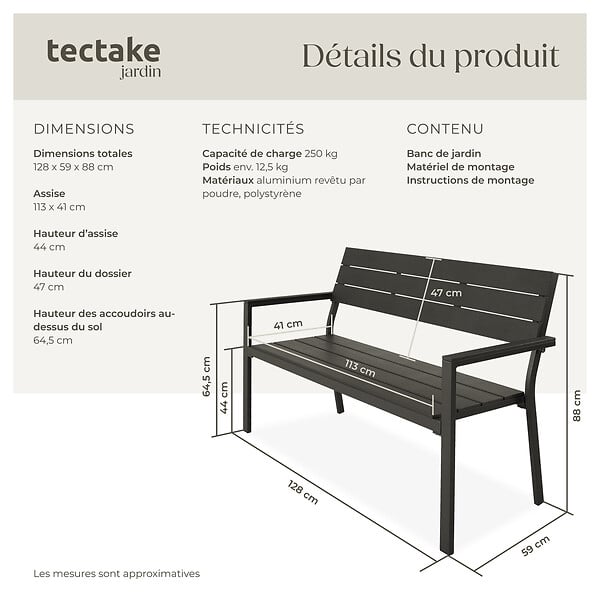 TECTAKE - Banc de jardin Line 2 places avec structure en aluminium 128 x 59 x 88 cm gris foncé - large