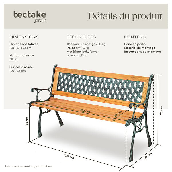 TECTAKE - Banc de jardin TAMARA 2 places 128 x 51 x 73 cm marron - large