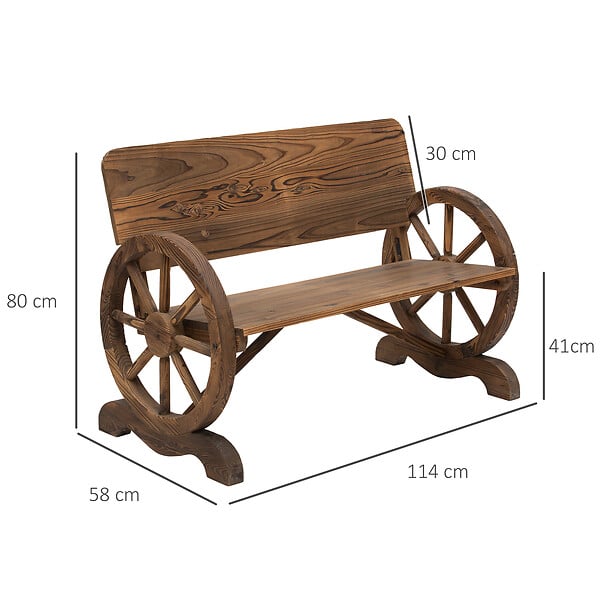 OUTSUNNY - Banc de jardin 3 places style rustique chic accoudoirs roues de charette bois sapin traité carbonisation - large