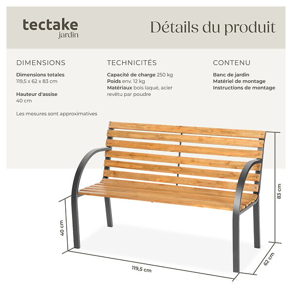TECTAKE - Banc de jardin 2 places marron en pin de chine 119,5x62x83cm stable robuste résistant temps haut gamme - large