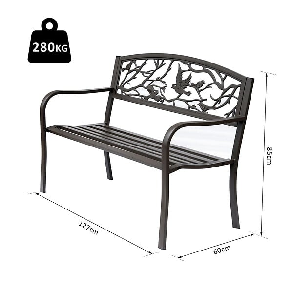 OUTSUNNY - Banc 3 places de jardin terrasse style rural chic 127L x 60l x 85H cm métal époxy anticorrosion brun - large