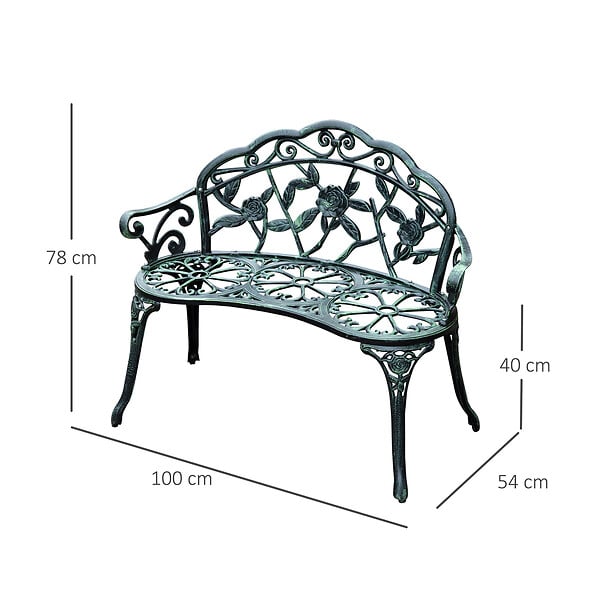 OUTSUNNY - Banc de jardin 2 places style néo-rétro motif rose lignes fuselées 100L x 54l x 78H cm fonte d'aluminium vert vieilli - large