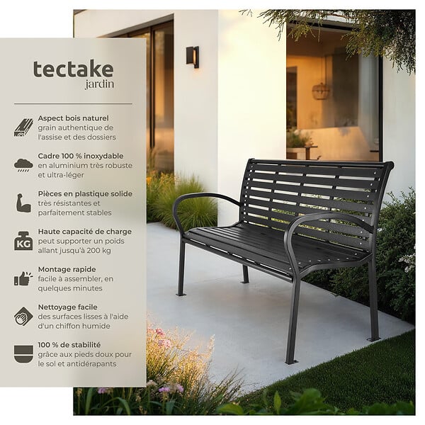 TECTAKE - Banc de jardin PINO 3 places 126 x 62 x 81,5cm noir - large