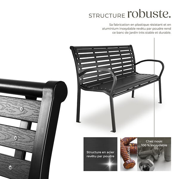 TECTAKE - Banc de jardin PINO 3 places 126 x 62 x 81,5cm noir - large