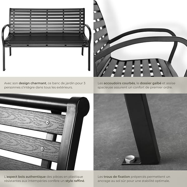 TECTAKE - Banc de jardin PINO 3 places 126 x 62 x 81,5cm noir - large