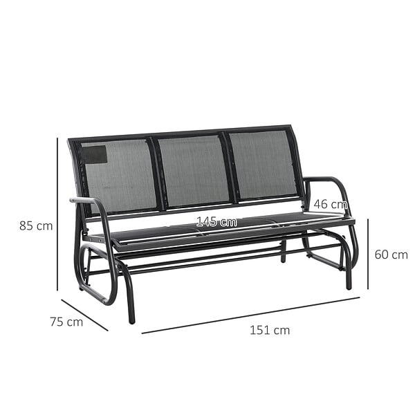 OUTSUNNY - Banc à bascule de jardin 3 places design contemporain grand confort accoudoirs assise et dossier ergonomique acier textilène noir - large