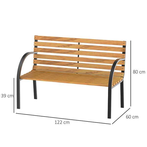 OUTSUNNY - Banc de jardin 2 places style rural chic assise dossier à lattes bois naturel lasuré châssis acier époxy noir - large