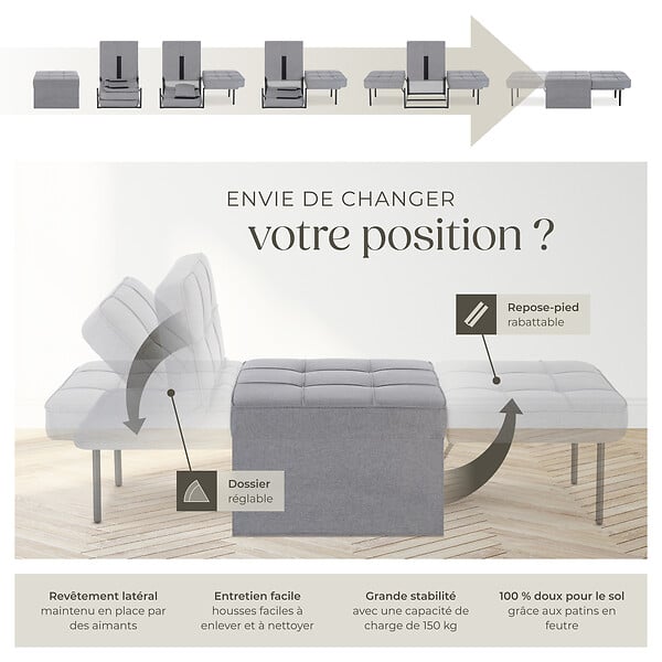 TECTAKE - Fauteuil de relaxation PONTO 4-en-1 réglable sur 6 positions gris - large