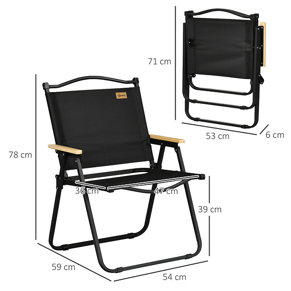 OUTSUNNY - Lot de 2 chaises de plage camping pliantes - poignée - structure acier aspect bois oxford noir - large