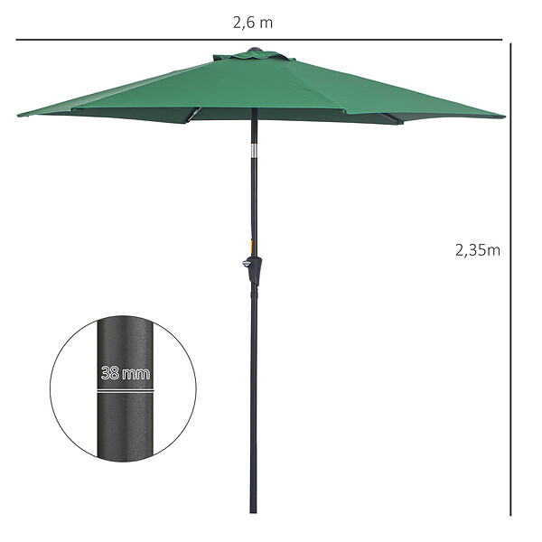 OUTSUNNY - Parasol inclinable de jardin balcon terrasse manivelle toile polyester imperméabilisée haute densité 180 g/m² Ø2,6 x 2,35H m alu vert - large