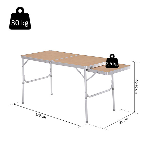 OUTSUNNY - Table pliante table de camping table de jardin avec rallonge hauteur réglable aluminium MDF imitation bambou - large