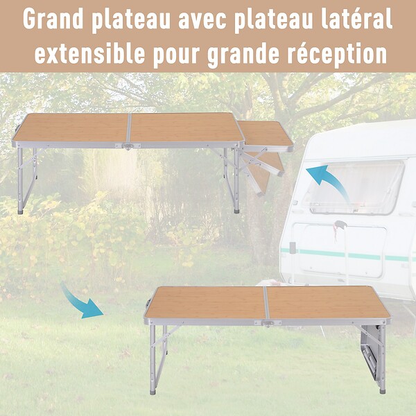 OUTSUNNY - Table pliante table de camping table de jardin avec rallonge hauteur réglable aluminium MDF imitation bambou - large
