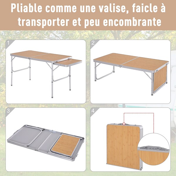 OUTSUNNY - Table pliante table de camping table de jardin avec rallonge hauteur réglable aluminium MDF imitation bambou - large