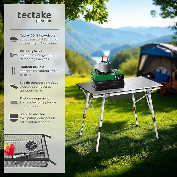 TECTAKE - Table de camping Tina en aluminium, pliable et réglable en hauteur argent - large