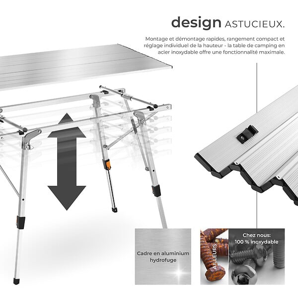 TECTAKE - Table de camping Tina en aluminium, pliable et réglable en hauteur argent - large