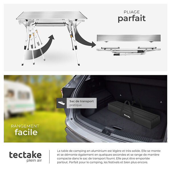 TECTAKE - Table de camping Tina en aluminium, pliable et réglable en hauteur argent - large