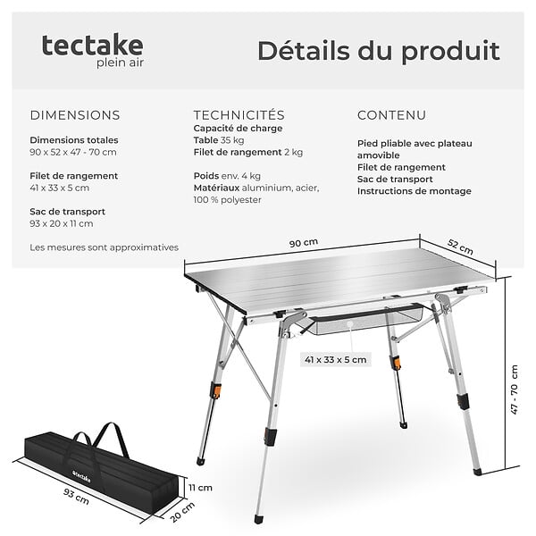 TECTAKE - Table de camping Tina en aluminium, pliable et réglable en hauteur argent - large
