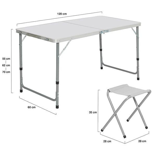 ID MARKET - Table de camping pliante réglable en hauteur 120 cm et 4 tabourets blanc - large