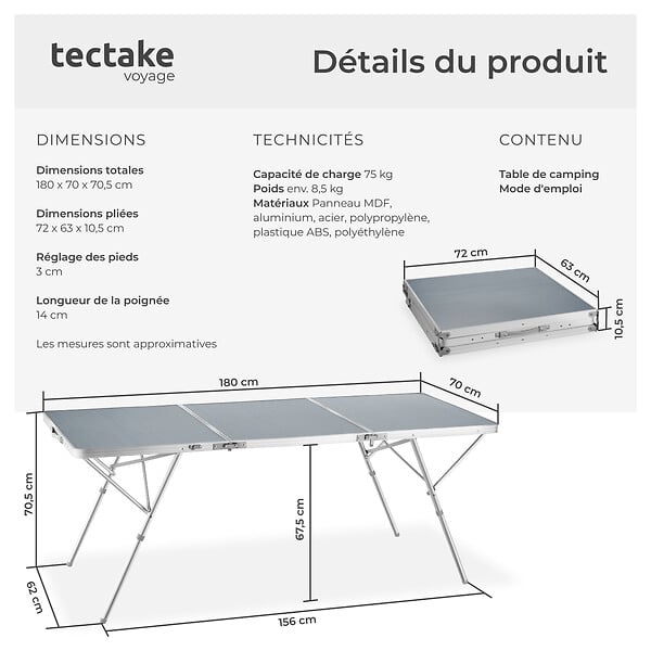 TECTAKE - Table pliante en aluminium Jumbo avec poignée de transport 180 x 70 x 70 cm argent - large
