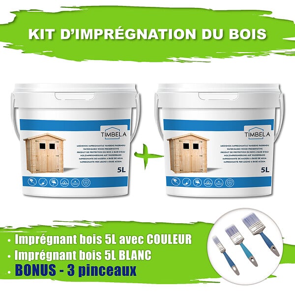TIMBELA - Lot de produits de protection pour la peinture des maisons en bois – 5 l de blanc + 5 l de Olivier - Pour une surface extérieure en bois de 28 à 36 m2 - large