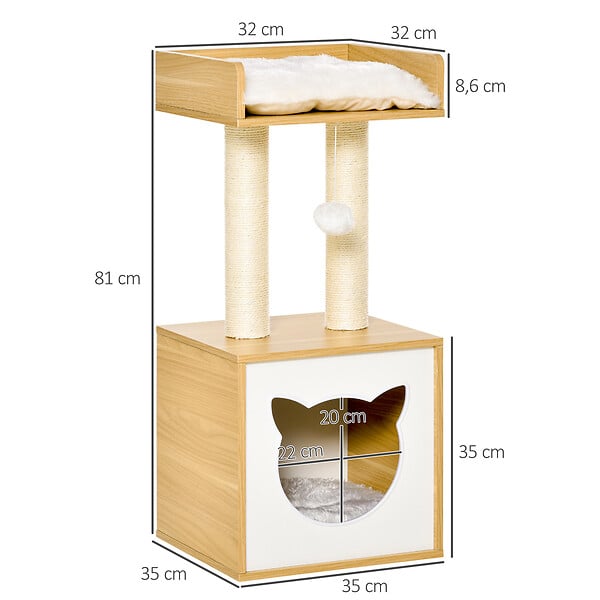 PAWHUT - Arbre à chat 2 griffoirs niche entrée tête de chat plateforme d'observation jouet suspendu coussins amovibles peluche grande douceur aspect bois clair - large