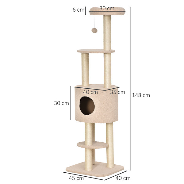 PAWHUT - PawHut Arbre à Chats avec Griffoir Niche Poteaux Peluche Haute Densité 45L x 40L x 148H cm Beige - large