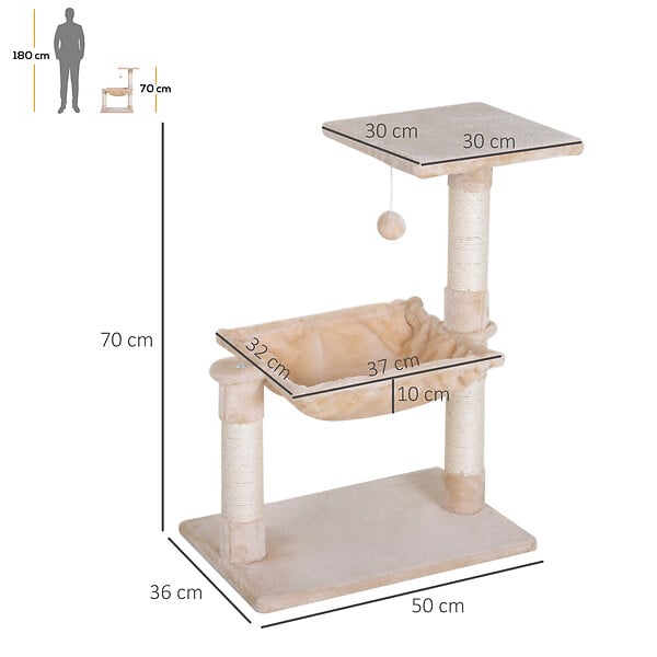 PAWHUT - Arbre à chat 3 griffoirs grattoirs sisal naturel plateforme hamac et boule suspendue dim. 50L x 36l x 70H cm peluche haute densité 220 g/m² beige - large