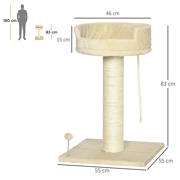 PAWHUT - Arbre à chat griffoir grattoir sisal naturel plateforme d'observation corde d'escalade boule à ressort peluche beige - large