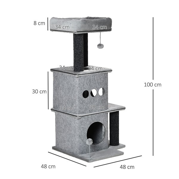 PAWHUT - Arbre à chat centre d'activités griffoirs jeu boule suspendue et à ressort 2 niches housses amovibles plateformes gris - large