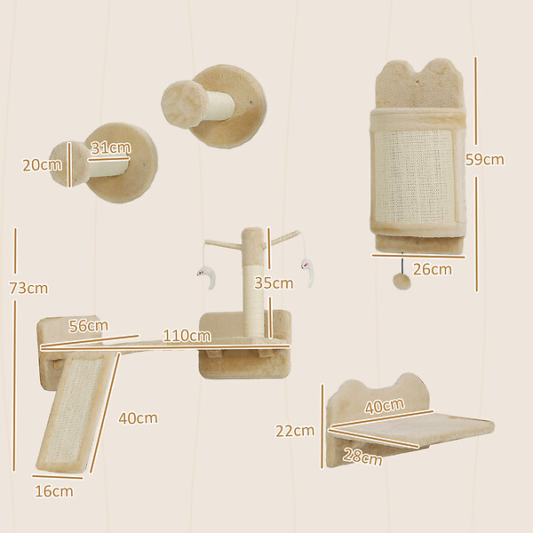 PAWHUT - Mur d'escalade pour chat - arbre à chat design mural - griffoirs, grattoirs, jeux - sisal naturel peluche beige - large