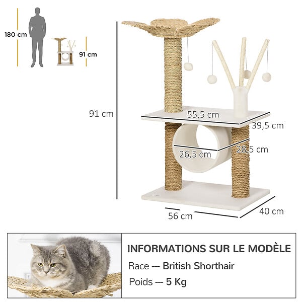 PAWHUT - Arbre à chat style cosy chic fleur - griffoirs, tunnel, plateformes, 4 jeux de boules -  peluche blanche quenouille tressée - large
