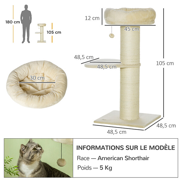PAWHUT - Arbre à chat griffoir sisal naturel 2 plateforme panier observation jeu boule suspendue peluche beige - large