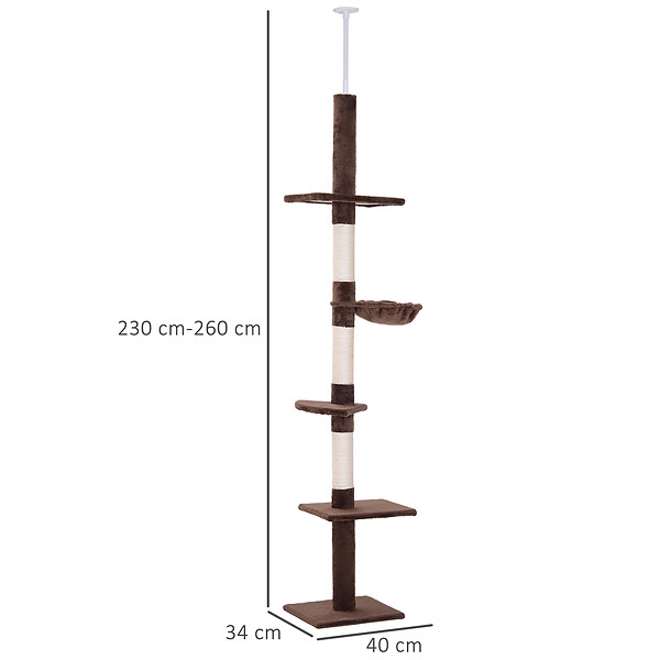 PAWHUT - Arbre à chat poteau à griffer L40 x l 34 x H 230-260 cm 5 niveaux d'activités marron - large