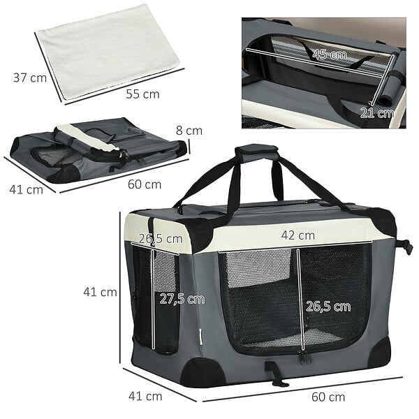 PAWHUT - Sac de transport pour chien et chat pliable - poignée, 3 entrées zippées, poche - coussin amovible inclus - acier oxford polyester gris noir - large