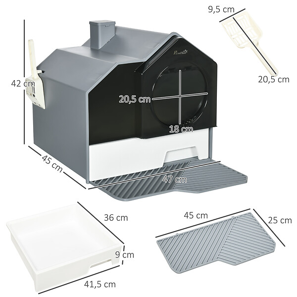 PAWHUT - Maison de toilette chat design maison - bac à litière - tapis, poignée, pelle, filtre, tiroir inclus - PP blanc noir gris - large