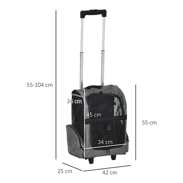 PAWHUT - 2 en 1 trolley chariot sac à dos sac de transport à roulettes pour chien chat gris - large