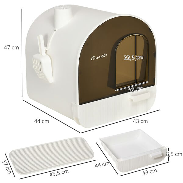 PAWHUT - Maison de toilette bac à litière pour chat avec porte battante, pelle et filtre inclus dim. 43L x 44l x 47H cm PP blanc marron fumé - large