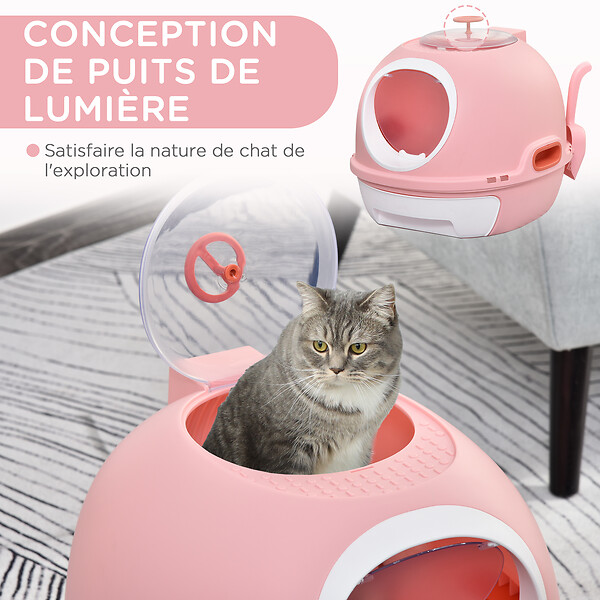 PAWHUT - Maison de toilette portable pour chat tiroir à litière coulissant porte battante lucarne + pelle fournis dim. 47L x 55l x 44H cm rose - large