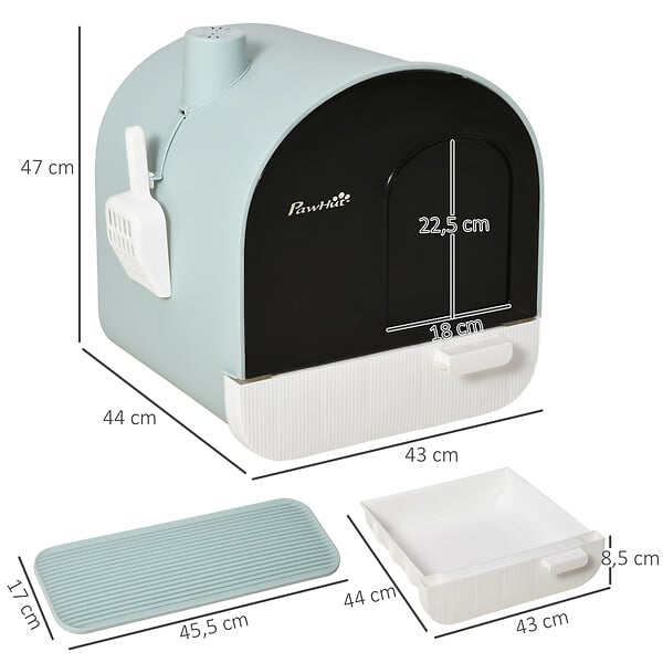 PAWHUT - Maison de toilette bac à litière pour chat avec porte battante, pelle et filtre inclus dim. 43L x 44l x 47H cm PP bleu - large