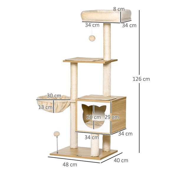 PAWHUT - Arbre à chat multi-équipement griffoirs grattoirs niche hamac panier coussins amovibles H126 cm peluche courte sisal naturel beige - large