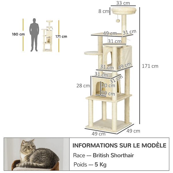 PAWHUT - Arbre à chat modulable - griffoirs, 2 niches, 4 plateformes, 2 boules suspendues - peluche douce beige - large