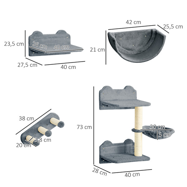 PAWHUT - Mur d'escalade pour chat - arbre à chat design mural - griffoirs, plateformes, 2 paniers, échelle - sisal peluche gris - large