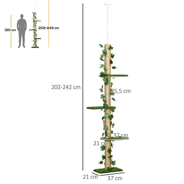 PAWHUT - Arbre à chat poteau à griffer design hauteur réglable dim. 37L x 21l x 202- 242H cm 4 niveaux beige vert - large
