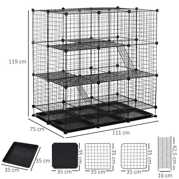 PAWHUT - Cage parc enclos rongeurs modulable dim. L 111 x l 75 x H 119 cm 3 niveaux 4 portes fil métallique noir - large